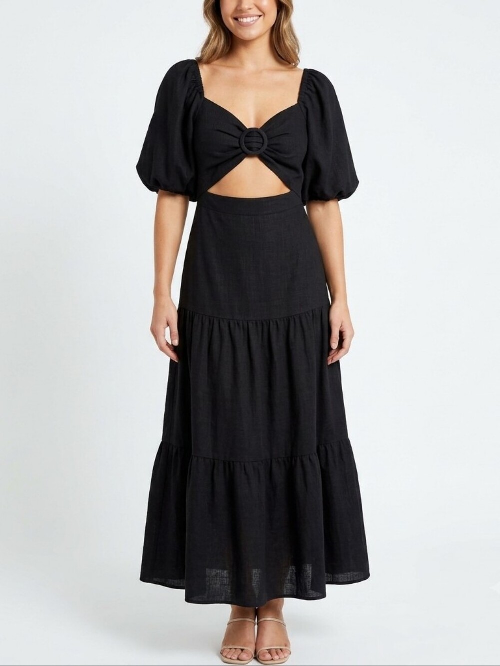 Joie Black Puff Sleeve Cut-Out Ring Detail Tiered Midi Maxi Dress XS S